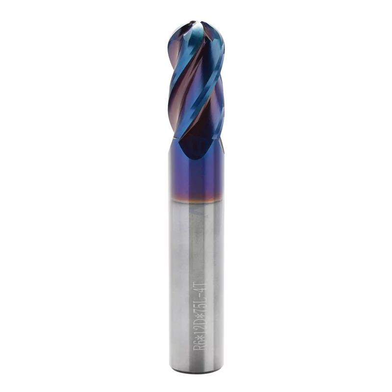 Ball Nose End mill: 12mm Dia, 24mm LOC, 75mm OAL, 4 Flutes, Solid Carbide, Nano Blue Coated